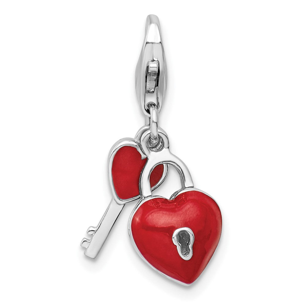 Sterling Silver Amore La Vita Rhodium-plated Polished 3-D Enameled Heart And Key Charm with Fancy Lobster Clasp