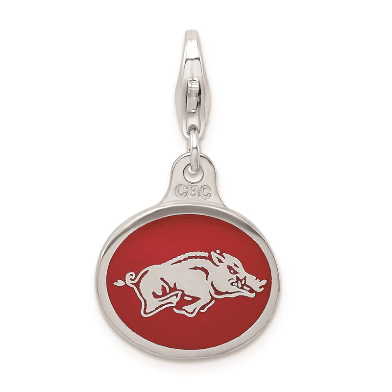 Sterling Silver Amore La Vita Rhodium-Plated Polished Enameled University Of Arkansas Charm With Fancy Lobster Clasp