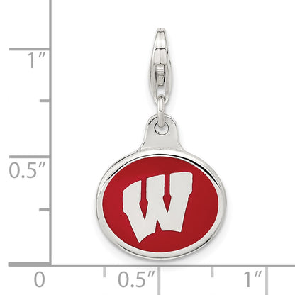 Sterling Silver Amore La Vita Rhodium-Plated Polished Enameled University Of Wisconsin Charm With Fancy Lobster Clasp