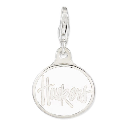 Sterling Silver Amore La Vita Rhodium-Plated Polished Enameled University Of Nebraska Charm With Fancy Lobster Clasp