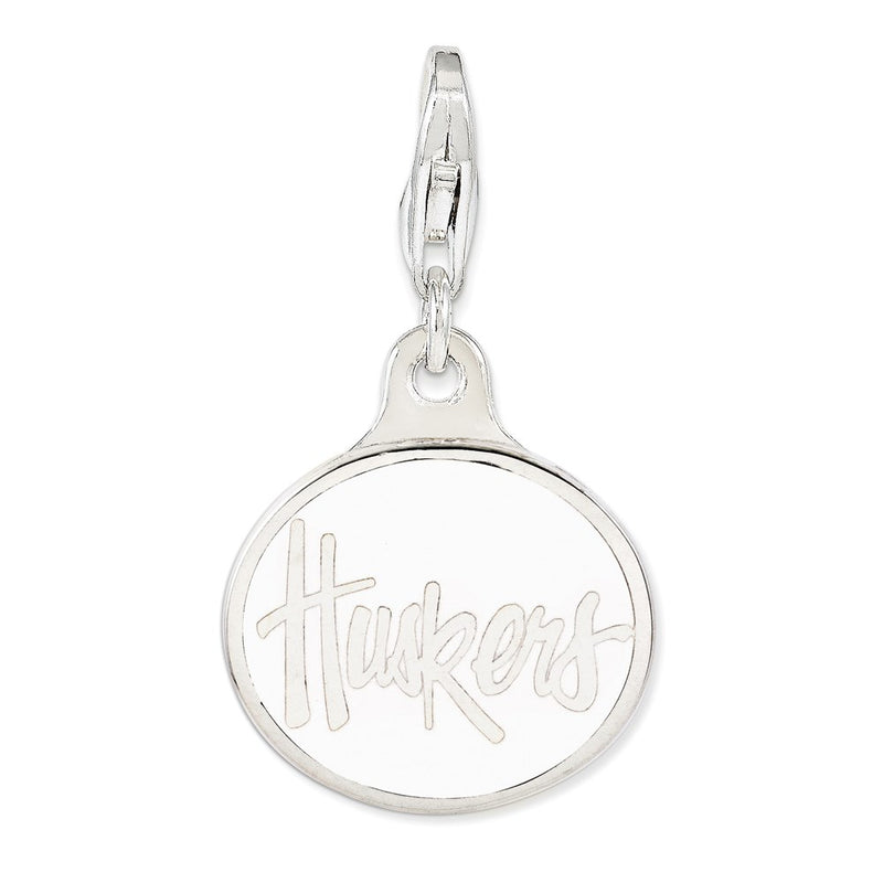 Sterling Silver Amore La Vita Rhodium-Plated Polished Enameled University Of Nebraska Charm With Fancy Lobster Clasp