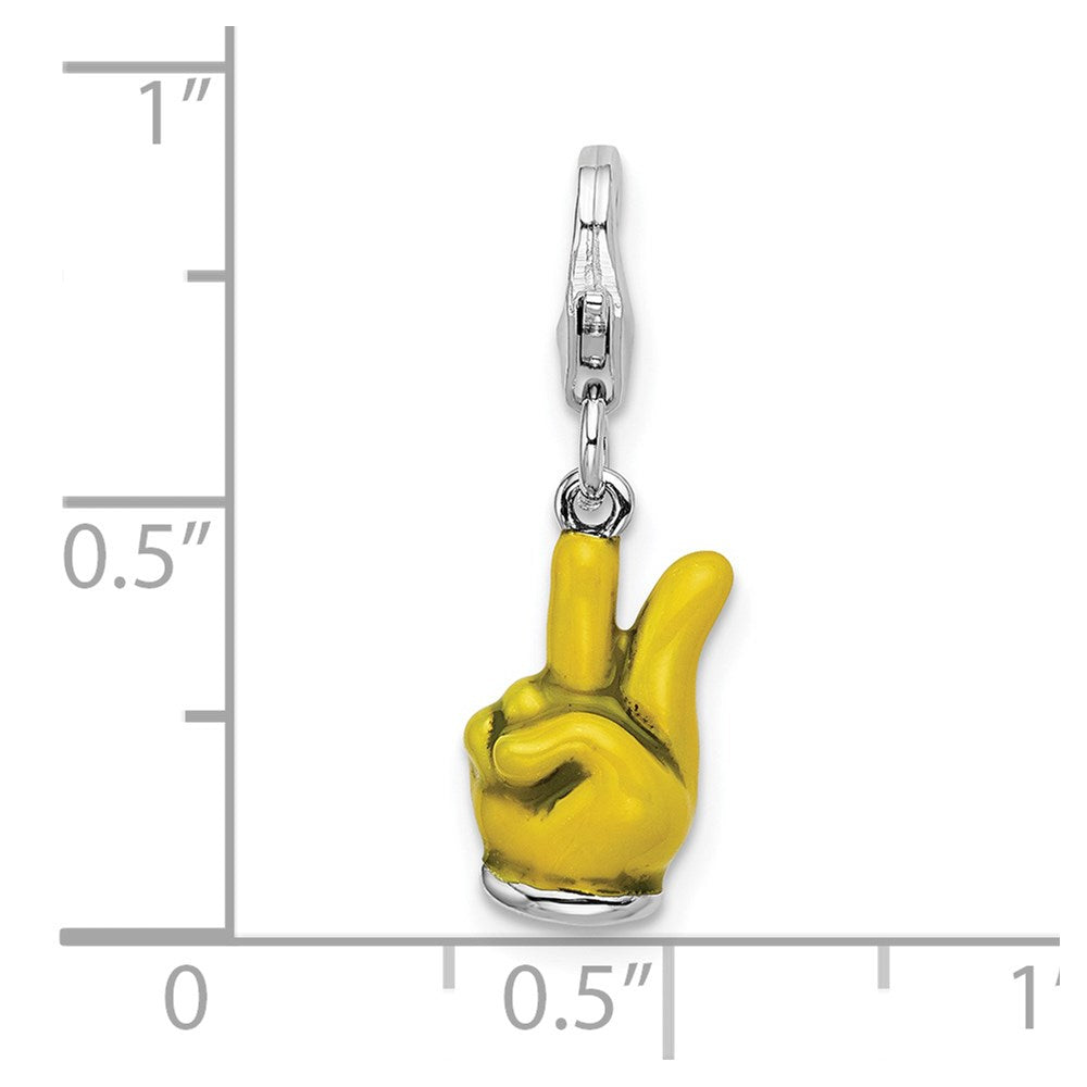 Sterling Silver Amore La Vita Rhodium-Plated Polished 3-D Yellow Enameled Hand With Peace Sign Charm Fancy Lobster Clasp