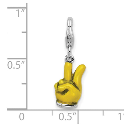 Sterling Silver Amore La Vita Rhodium-Plated Polished 3-D Yellow Enameled Hand With Peace Sign Charm Fancy Lobster Clasp
