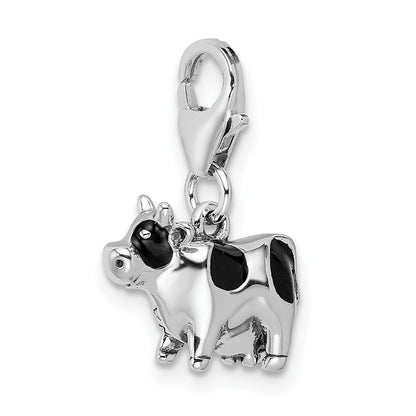 Sterling Silver Amore La Vita Rhodium-Plated Polished 3-D Enameled Cow Charm With Fancy Lobster Clasp