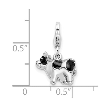 Sterling Silver Amore La Vita Rhodium-Plated Polished 3-D Enameled Cow Charm With Fancy Lobster Clasp