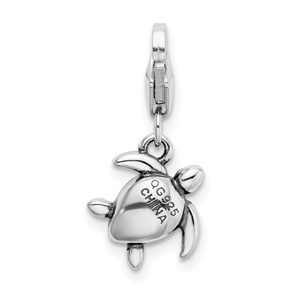 Sterling Silver Amore La Vita Rhodium-Plated Polished 3-D Green Crystal From Swarovski Turtle Charm With Fancy Lobster Clasp