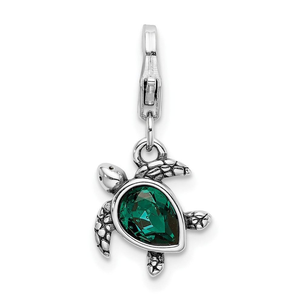 Sterling Silver Amore La Vita Rhodium-Plated Polished 3-D Green Crystal From Swarovski Turtle Charm With Fancy Lobster Clasp