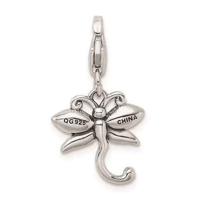 Sterling Silver Amore La Vita Rhodium-Plated Polished Pink Crystal From Swarovski Dragonfly Charm With Fancy Lobster Clasp