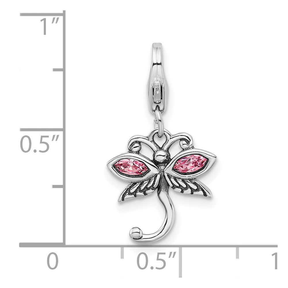 Sterling Silver Amore La Vita Rhodium-Plated Polished Pink Crystal From Swarovski Dragonfly Charm With Fancy Lobster Clasp
