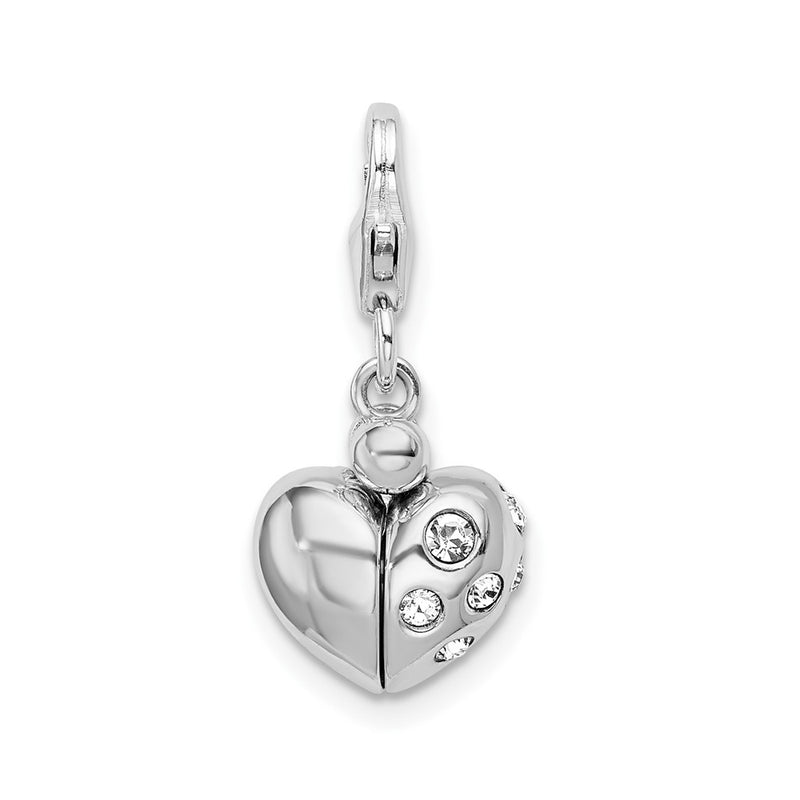 Sterling Silver Amore La Vita Rhodium-Plated Polished 3-D Crystal From Swarovski Enameled Heart Opens Charm With Fancy Lobster Clasp