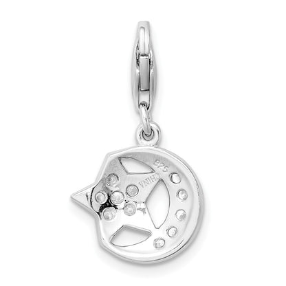Sterling Silver Amore La Vita Rhodium-Plated Polished Cz Moon And Star Charm With Fancy Lobster Clasp