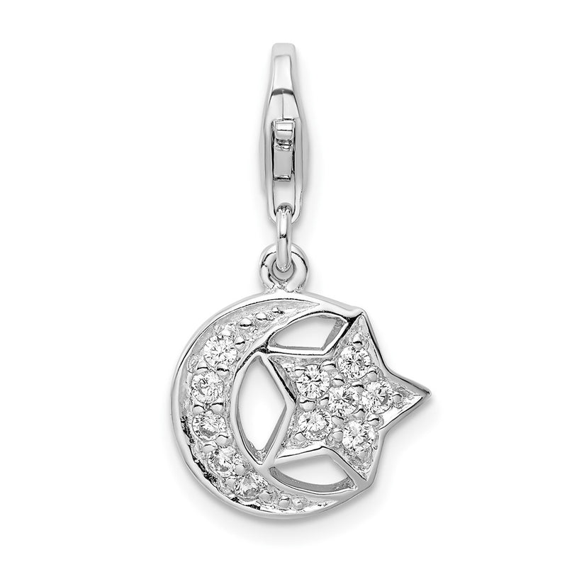Sterling Silver Amore La Vita Rhodium-Plated Polished Cz Moon And Star Charm With Fancy Lobster Clasp