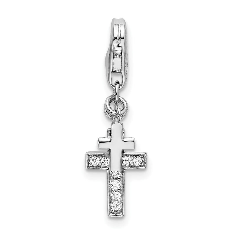 Sterling Silver Amore La Vita Rhodium-Plated Polished Cz Two Cross Charm With Fancy Lobster Clasp