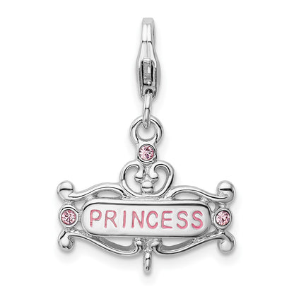 Sterling Silver Amore La Vita Rhodium-Plated Polished Pink Cz Enameled Princess Charm With Fancy Lobster Clasp