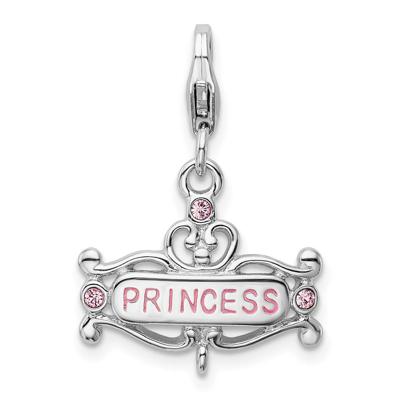 Sterling Silver Amore La Vita Rhodium-Plated Polished Pink Cz Enameled Princess Charm With Fancy Lobster Clasp