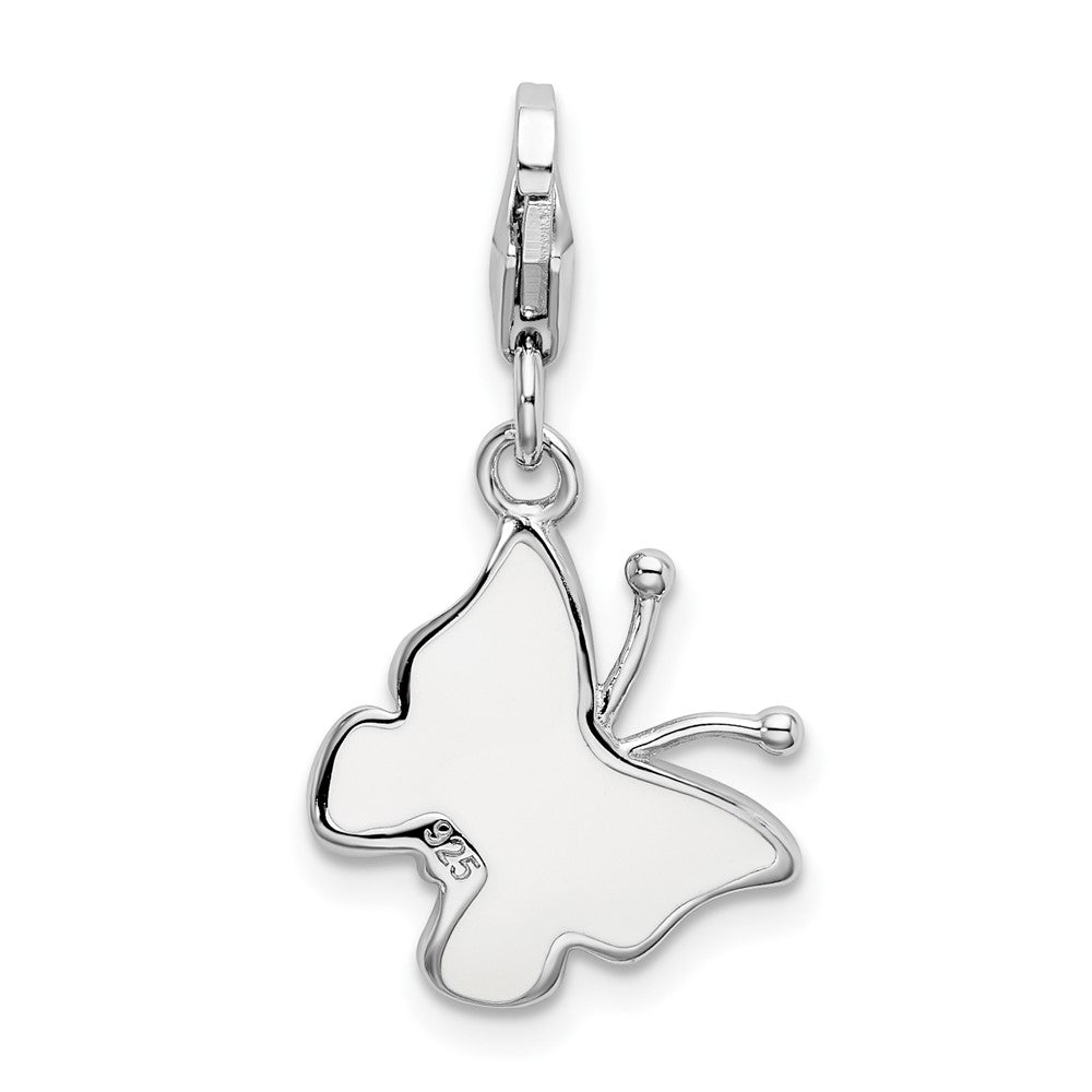 Sterling Silver Amore La Vita Rhodium-Plated Polished Pink And White Enameled Butterfly Charm With Fancy Lobster Clasp