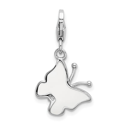 Sterling Silver Amore La Vita Rhodium-Plated Polished Pink And White Enameled Butterfly Charm With Fancy Lobster Clasp