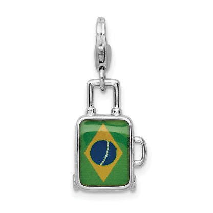 Sterling Silver Amore La Vita Rhodium-Plated Polished 3-D Enameled Brazilian Flag Suitcase Charm With Fancy Lobster Clasp