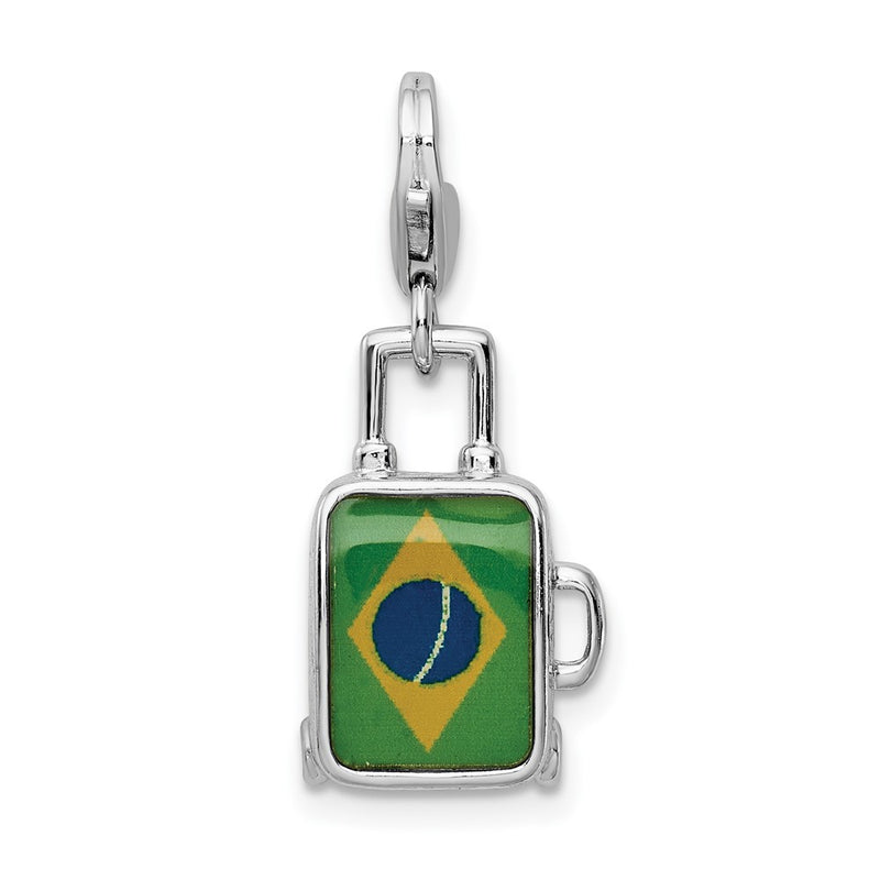Sterling Silver Amore La Vita Rhodium-Plated Polished 3-D Enameled Brazilian Flag Suitcase Charm With Fancy Lobster Clasp
