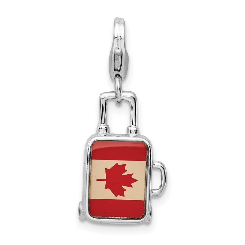 Sterling Silver Amore La Vita Rhodium-Plated Polished 3-D Enameled Canadian Flag Suitcase Charm With Fancy Lobster Clasp