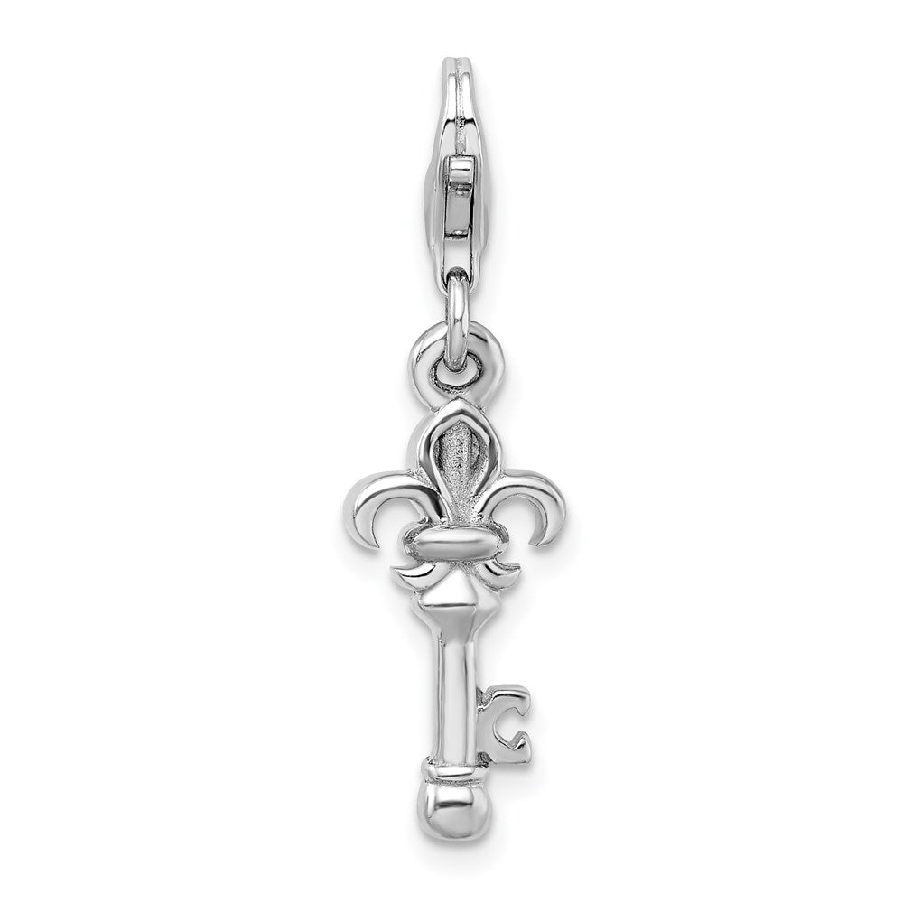 Sterling Silver Amore La Vita Rhodium-Plated Polished 3-D Fleur De Lis Key Charm With Fancy Lobster Clasp