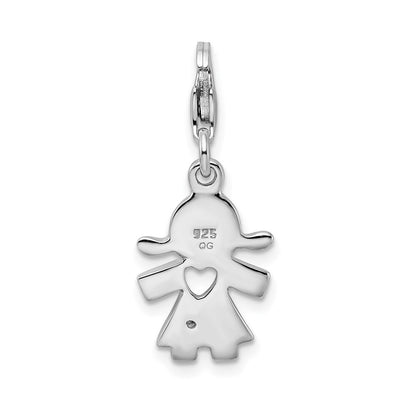 Sterling Silver Amore La Vita Rhodium-Plated Polished Cz Little Girl With Cut-Out Heart Charm Fancy Lobster Clasp