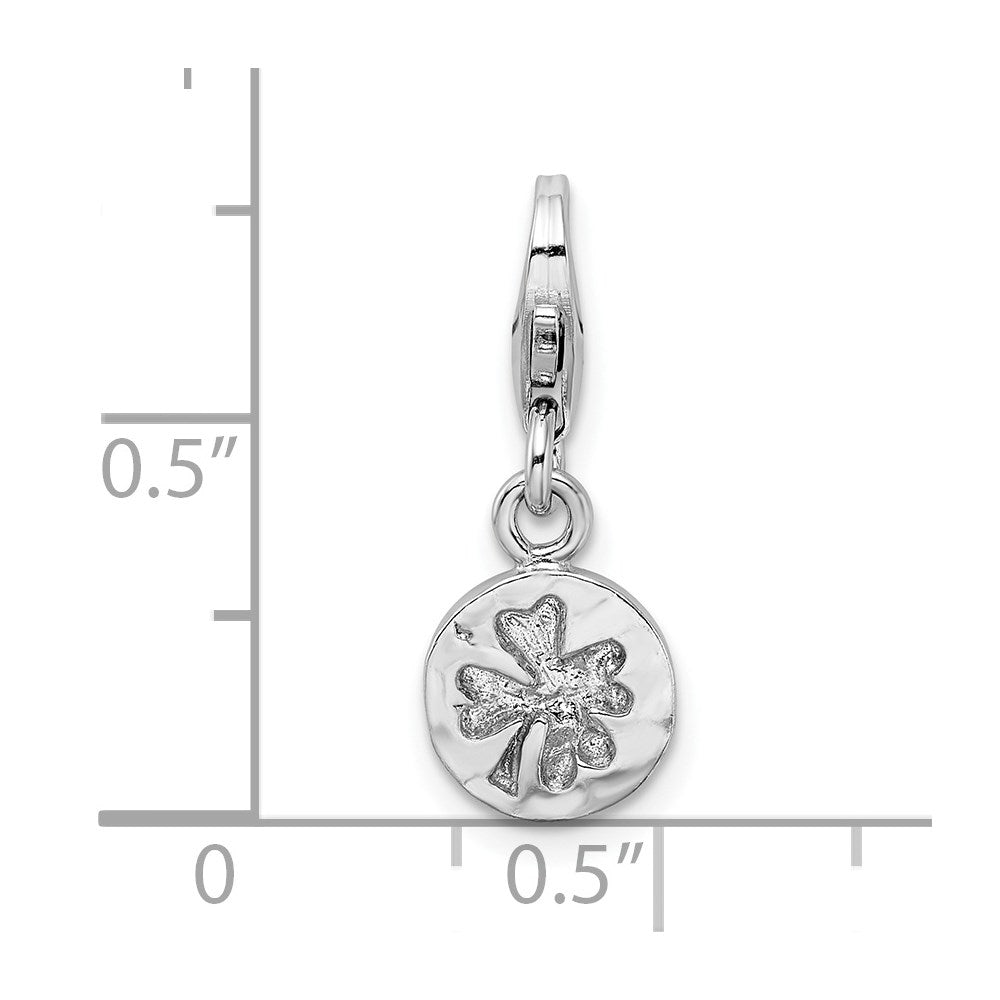 Sterling Silver Amore La Vita Rhodium-Plated Polished Hammered Four Leaf Clover Charm With Fancy Lobster Clasp