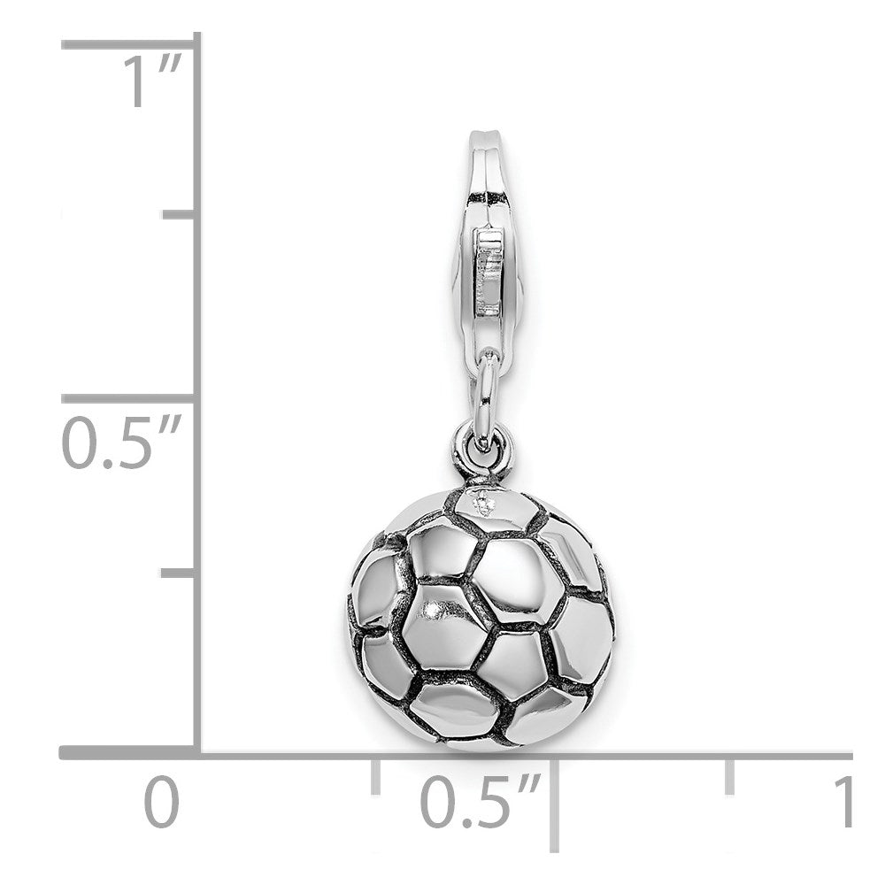 Sterling Silver Amore La Vita Rhodium-Plated Polished And Antiqued Soccer Ball Charm With Fancy Lobster Clasp