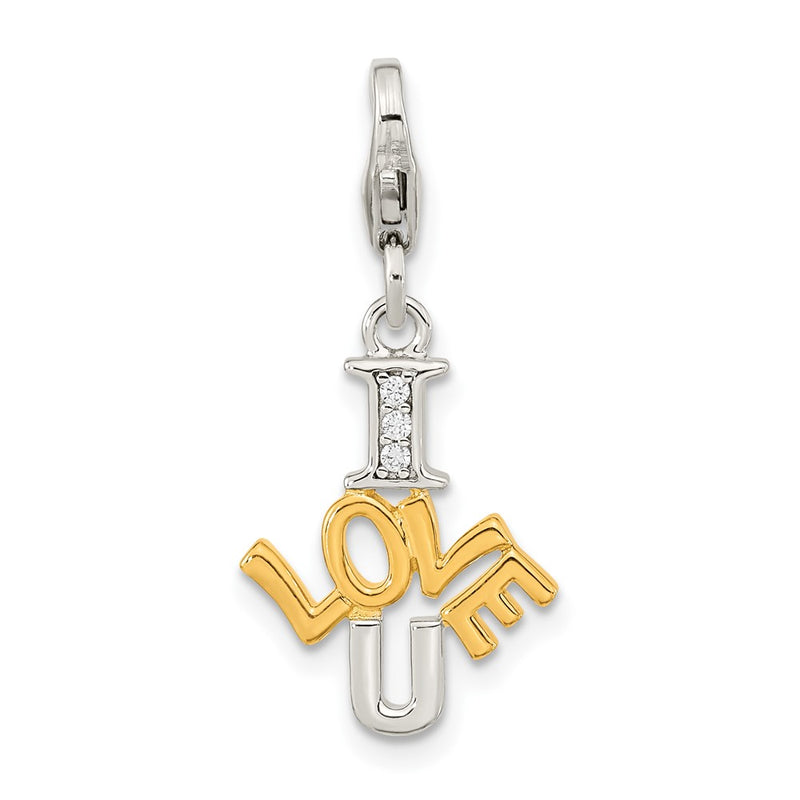 Ss/Gold Plated Amore La Vita Sterling Silver Rhodium-Plated And Gold-Plated Polished Cz I Love U Charm With Fancy Lobster Clasp