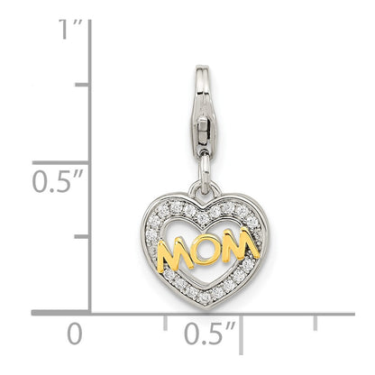 Ss/Gold Plated Amore La Vita Sterling Silver Rhodium-Plated Gold-Plated Polished Cz Mom Heart Charm With Fancy Lobster Clasp