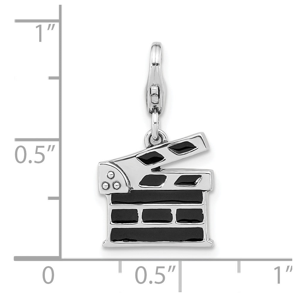 Sterling Silver Amore La Vita Rhodium-Plated Polished Antiqued Black Enameled Clapperboard Charm With Fancy Lobster Clasp