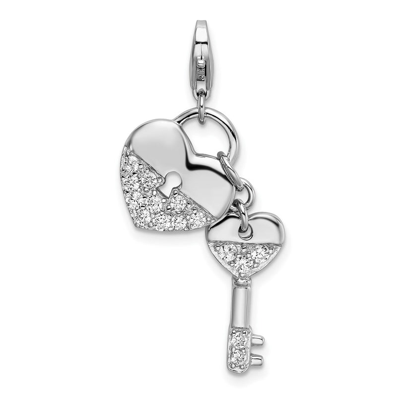 Sterling Silver Amore La Vita Rhodium-Plated Polished Cz Heart And Key Charm With Fancy Lobster Clasp