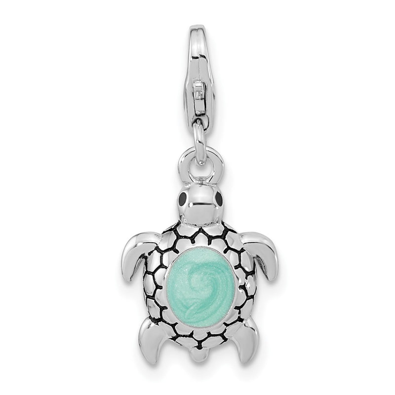 Sterling Silver Amore La Vita Rhodium-Plated Polished 3-D Glitter Enameled Turtle Charm With Fancy Lobster Clasp
