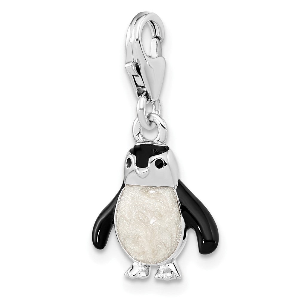 Sterling Silver Amore La Vita Rhodium-Plated Polished 3-D Glitter Enameled Penguin Charm With Fancy Lobster Clasp