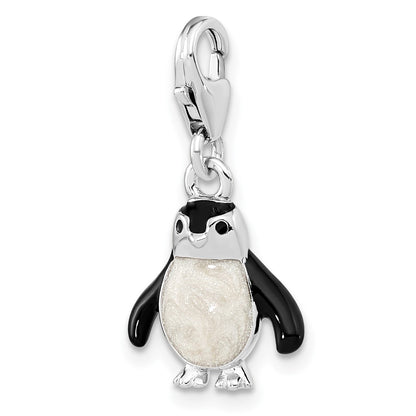 Sterling Silver Amore La Vita Rhodium-Plated Polished 3-D Glitter Enameled Penguin Charm With Fancy Lobster Clasp