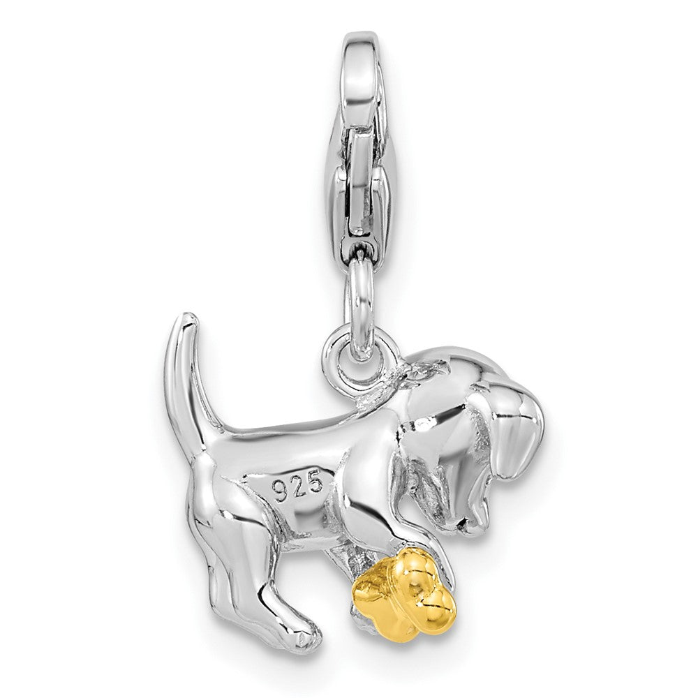 Ss/Gold Plated Amore La Vita Sterling Silver Rhodium-Plated And Gold-Plated Polished 3-D Puppy Holding Bone Charm With Fancy Lobster Clasp