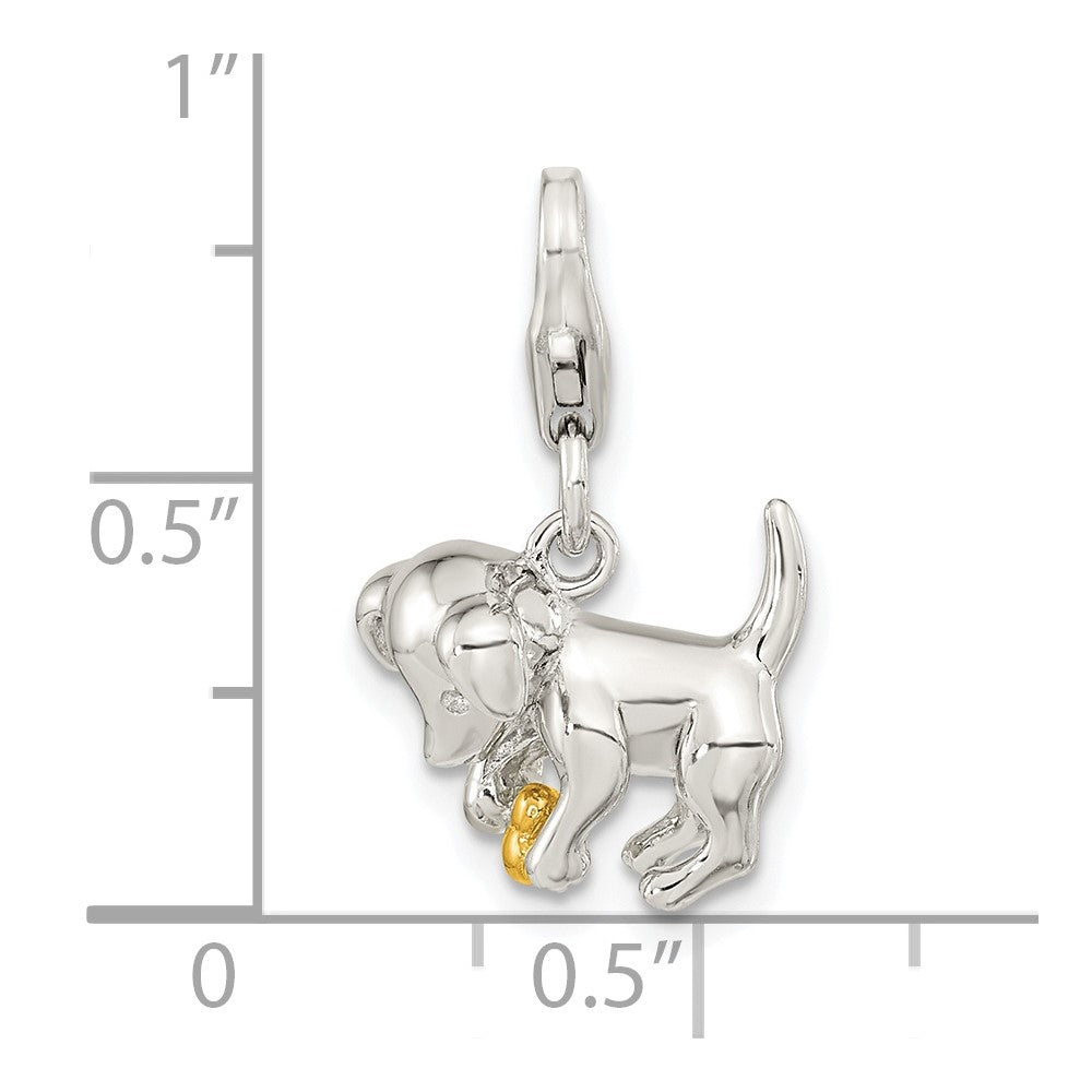 Ss/Gold Plated Amore La Vita Sterling Silver Rhodium-Plated And Gold-Plated Polished 3-D Puppy Holding Bone Charm With Fancy Lobster Clasp