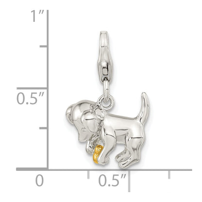 Ss/Gold Plated Amore La Vita Sterling Silver Rhodium-Plated And Gold-Plated Polished 3-D Puppy Holding Bone Charm With Fancy Lobster Clasp