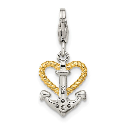 Ss/Gold Plated Amore La Vita Sterling Silver Rhodium-Plated And Gold-Plated Cz Heart Anchor Charm With Fancy Lobster Clasp