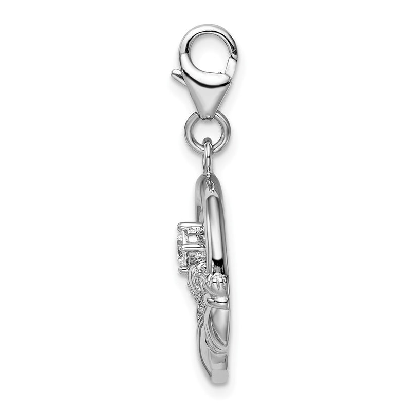 Sterling Silver Amore La Vita Rhodium-Plated Polished Clear Cz Claddagh Charm With Fancy Lobster Clasp