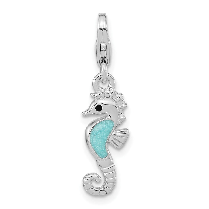 Sterling Silver Amore La Vita Rhodium-Plated Polished 3-D Glitter Enameled Seahorse Charm With Fancy Lobster Clasp