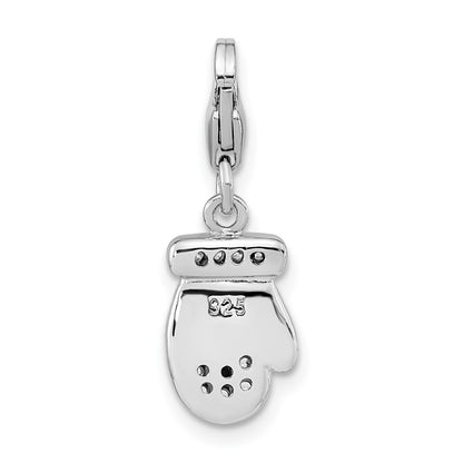 Sterling Silver Amore La Vita Rhodium-Plated Polished Cz Enameled Mitten Charm With Fancy Lobster Clasp