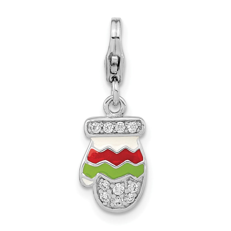 Sterling Silver Amore La Vita Rhodium-Plated Polished Cz Enameled Mitten Charm With Fancy Lobster Clasp