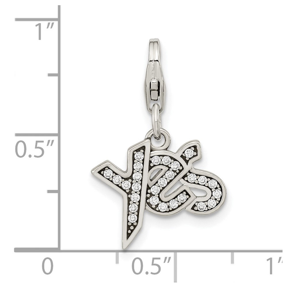 Sterling Silver Amore La Vita Rhodium-Plated Polished Antiqued Cz Yes Charm With Fancy Lobster Clasp