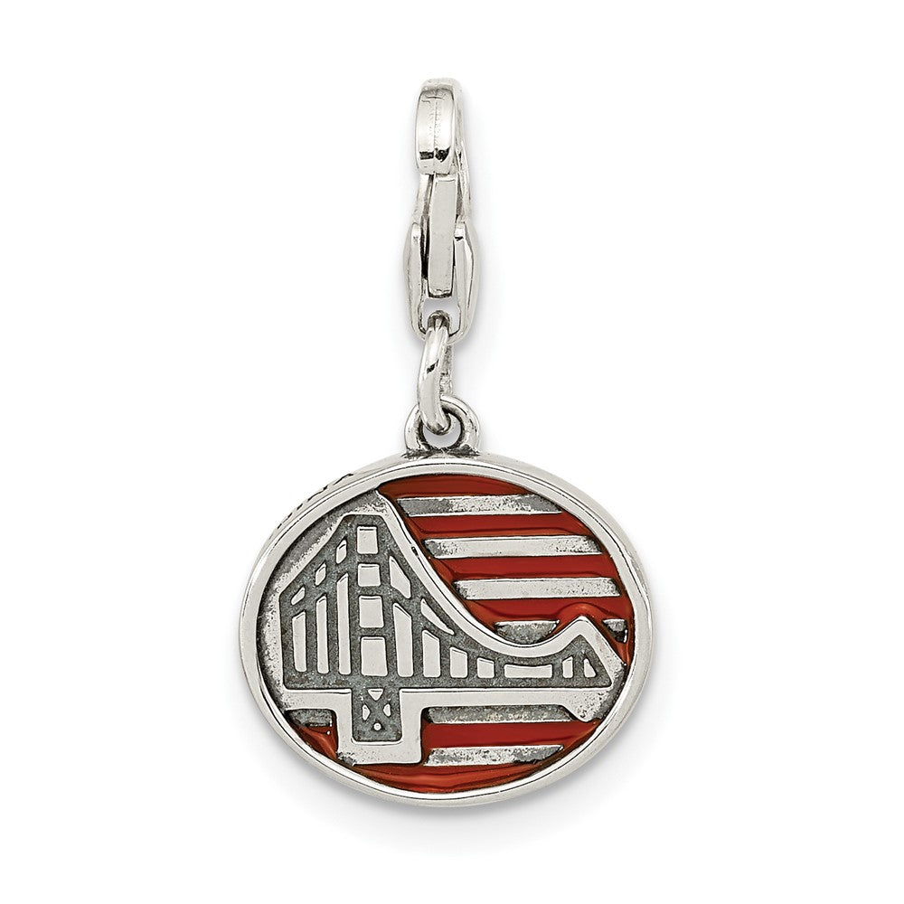 Sterling Silver Amore La Vita Rhodium-Plated Polished Antiqued Enameled Reversible Golden Gate Bridge Charm With Fancy Lobster Clasp