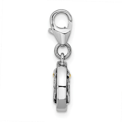 Sterling Silver Amore La Vita Rhodium-Plated Polished Antiqued Enameled Crystal From Swarovski Reversible American Flag Eagle Charm With Fancy Lobster Clasp