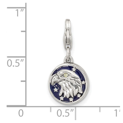 Sterling Silver Amore La Vita Rhodium-Plated Polished Antiqued Enameled Crystal From Swarovski Reversible American Flag Eagle Charm With Fancy Lobster Clasp