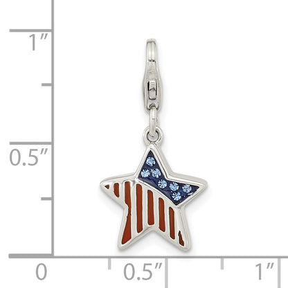 Sterling Silver Amore La Vita Rhodium-Plated Polished Enameled Crystal From Swarovski Reversible American Flag Star Charm With Fancy Lobster Clasp