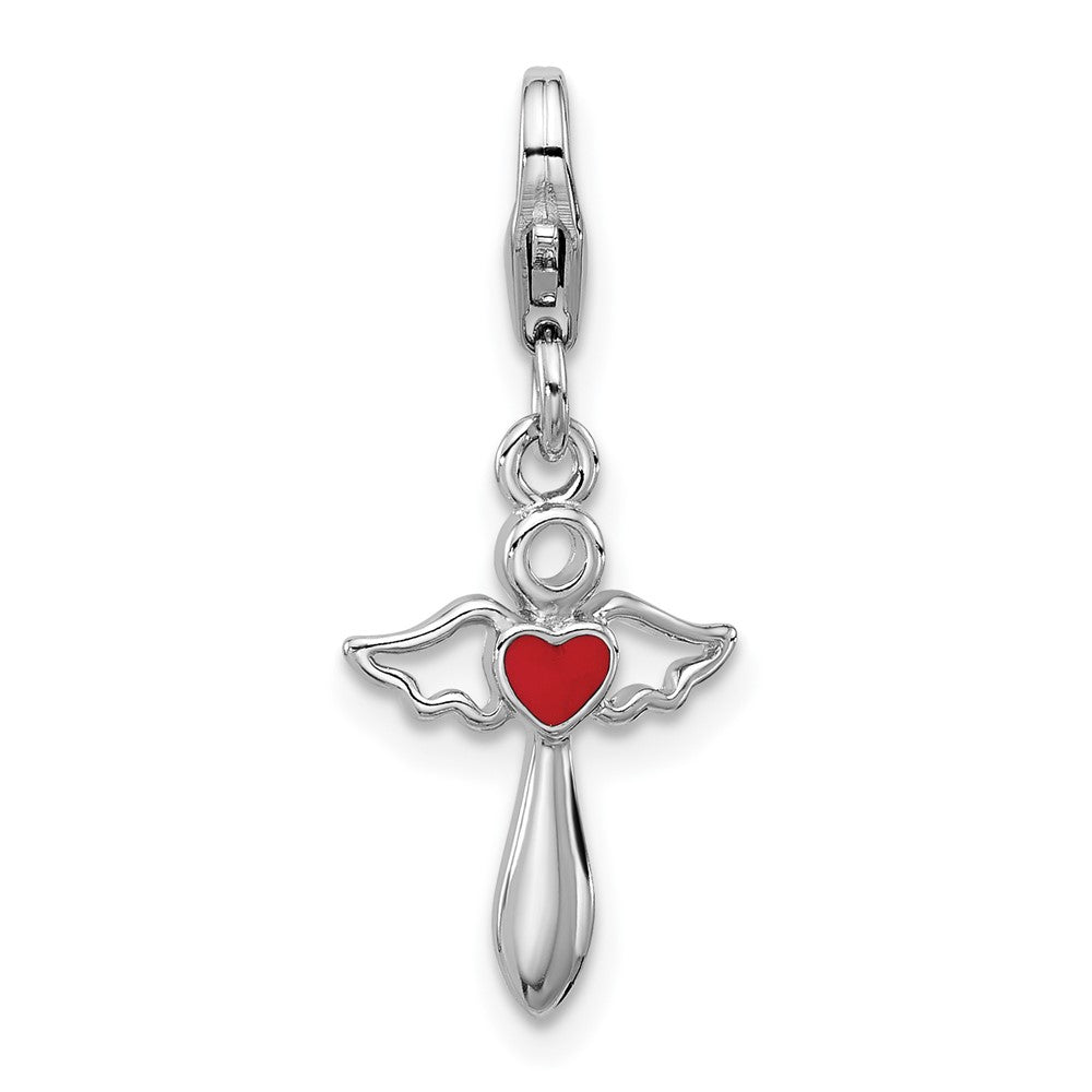 Sterling Silver Amore La Vita Rhodium Plated Angel with Enameled Red Heart Charm