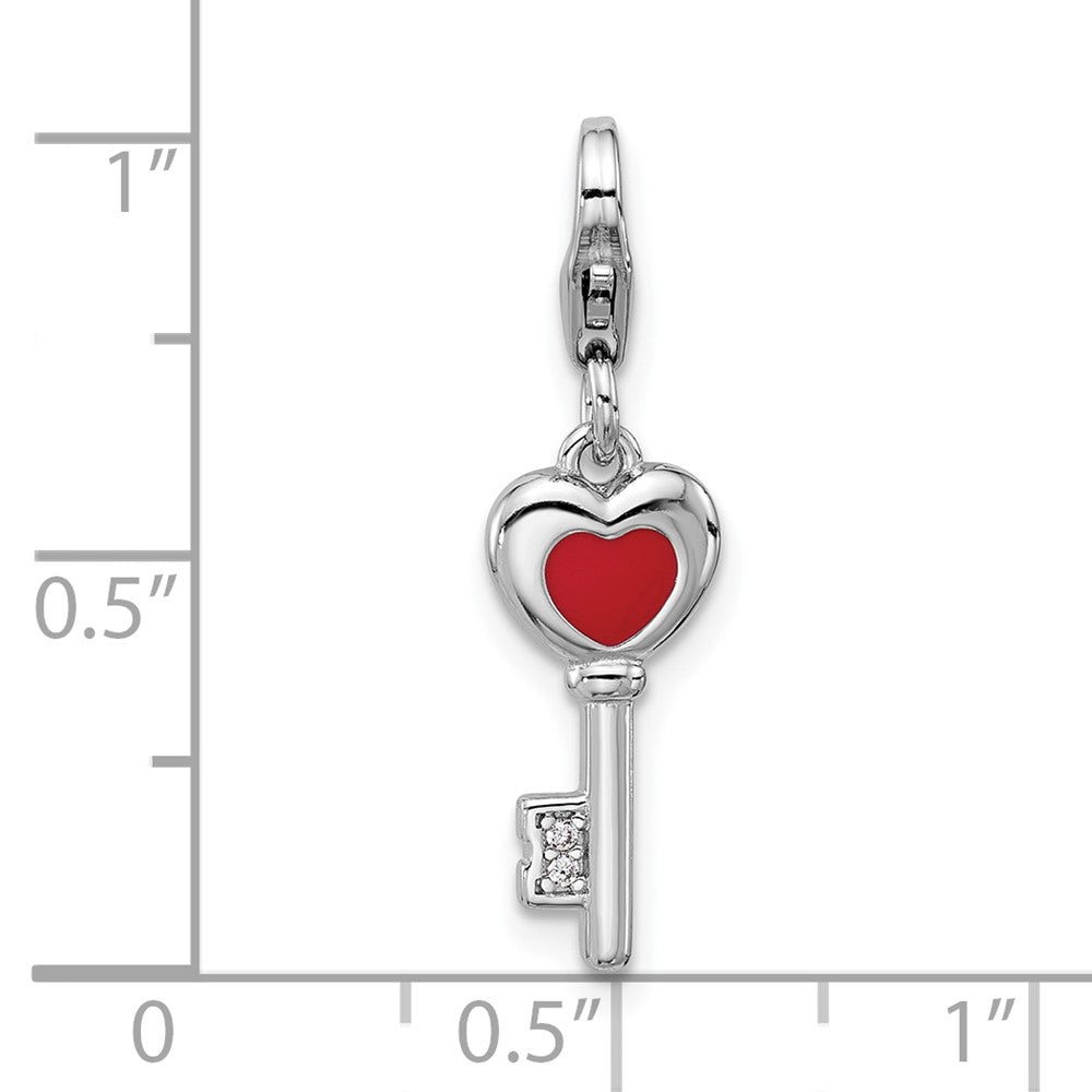 Sterling Silver Amore La Vita Rhodium Plated Enameled 3-D CZ and Red Heart Key Charm